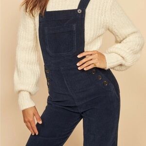 Reformation Baldwin Organic Stretch Cotton Corduroy Overalls in Navy Dark Blue